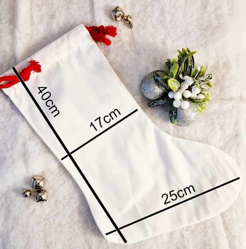 Personalised white Christmas stocking with a red rope tie and the measurements