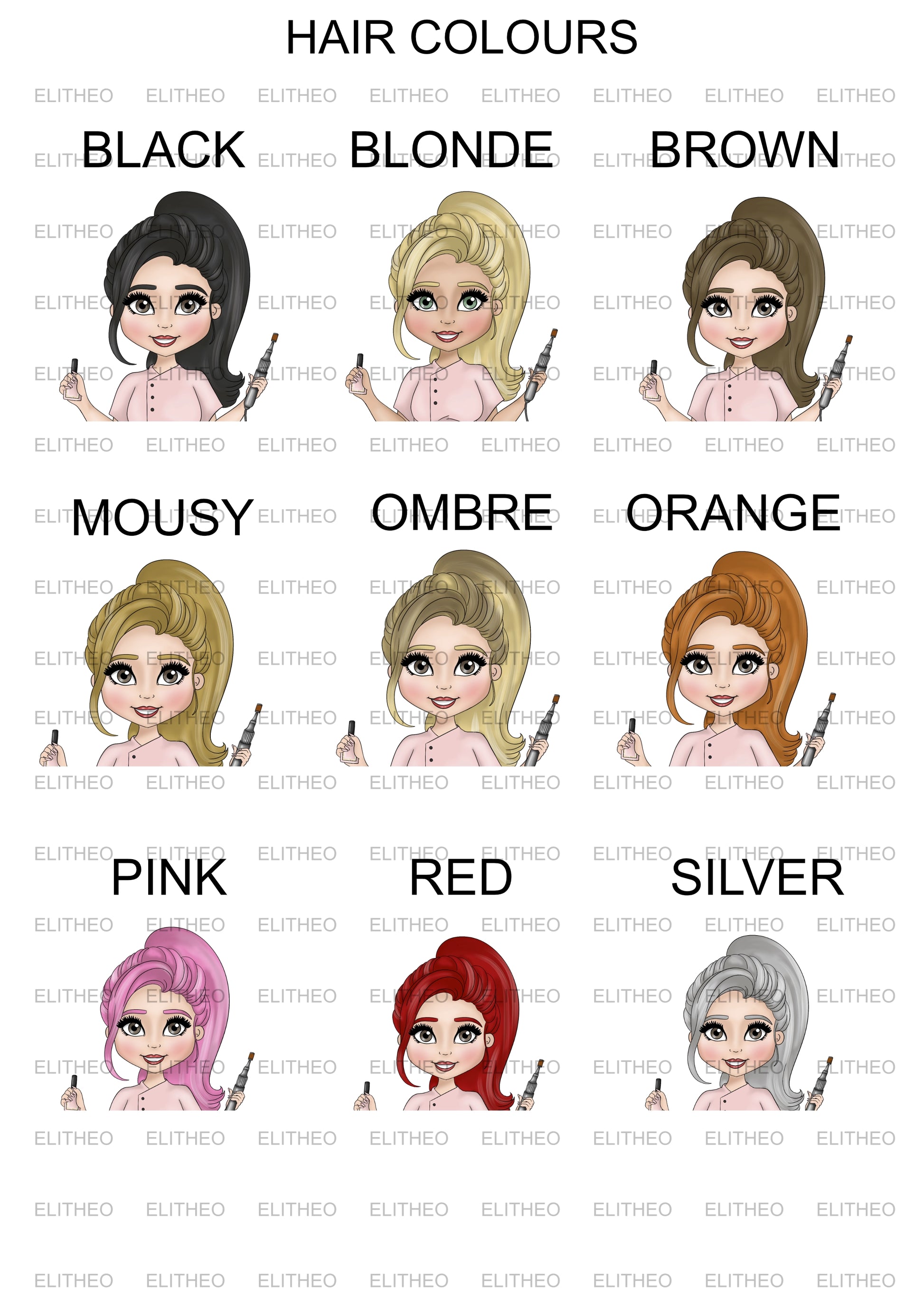 Sheet showing all 9 hair colours available for the nail technician

