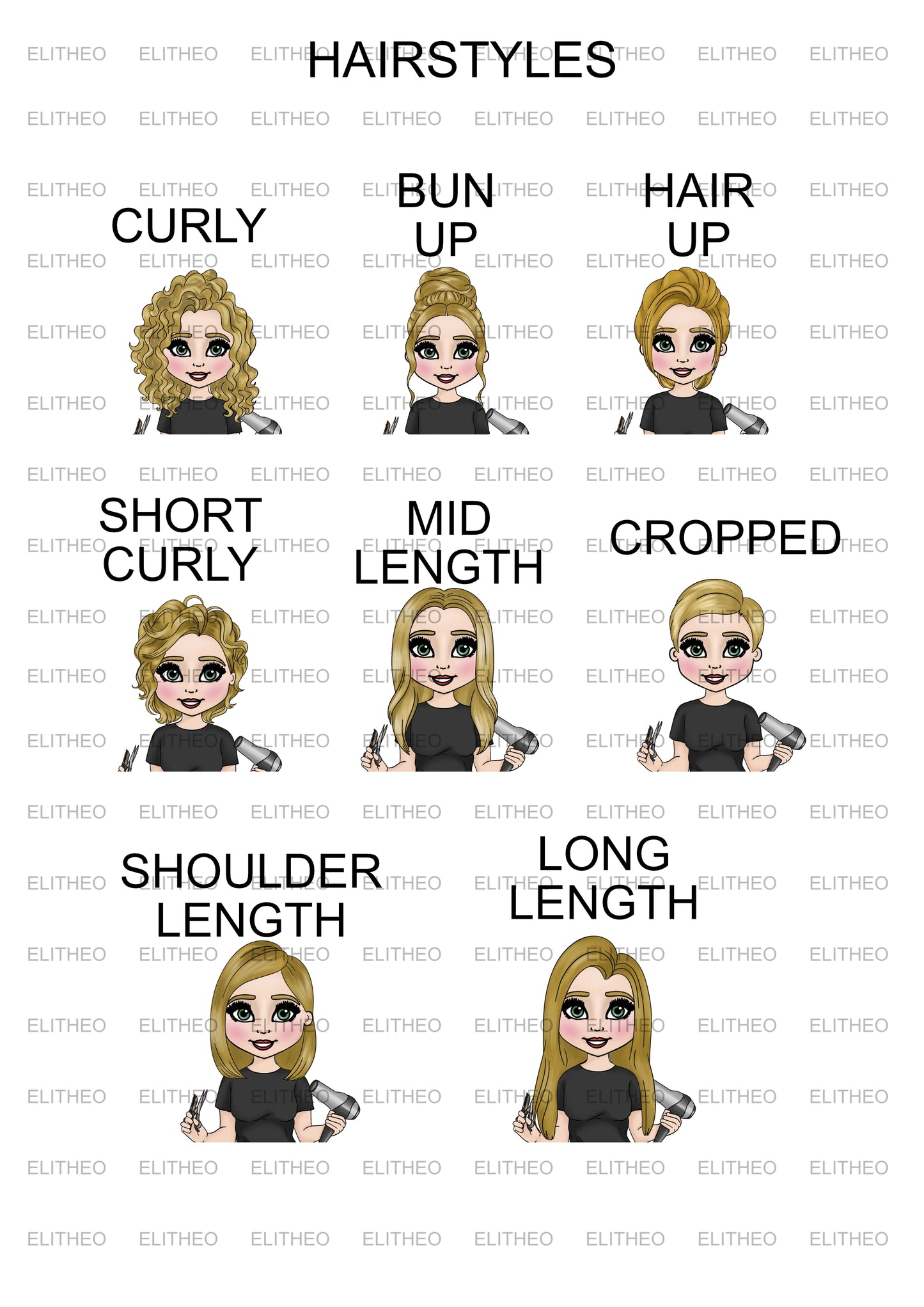 Sheet showing different hairstyles for the hairdresser