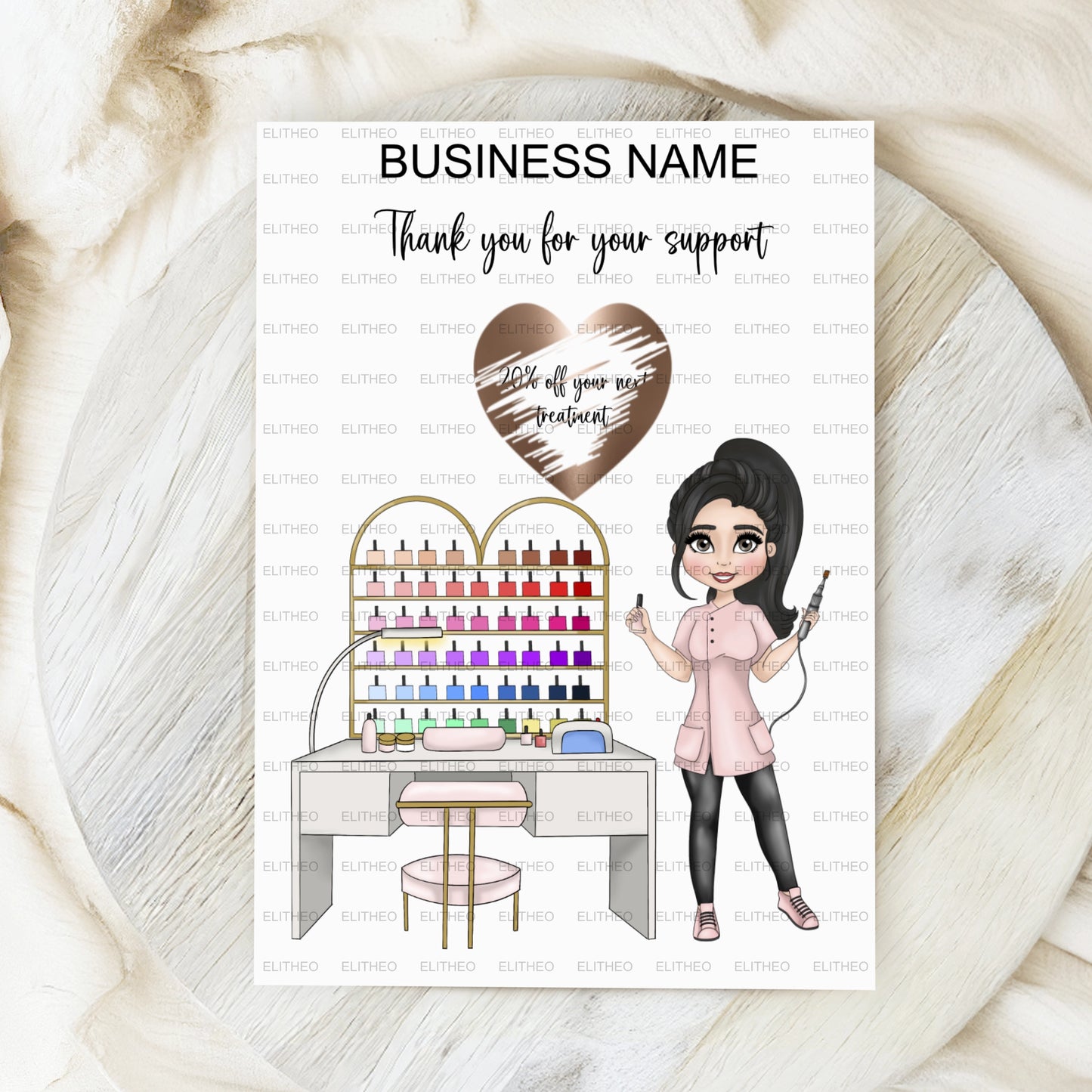 Loyalty discount card for a Nail Salon with a rose gold scratch off sticker featuring a nail desk, nail colour display and a nail tech