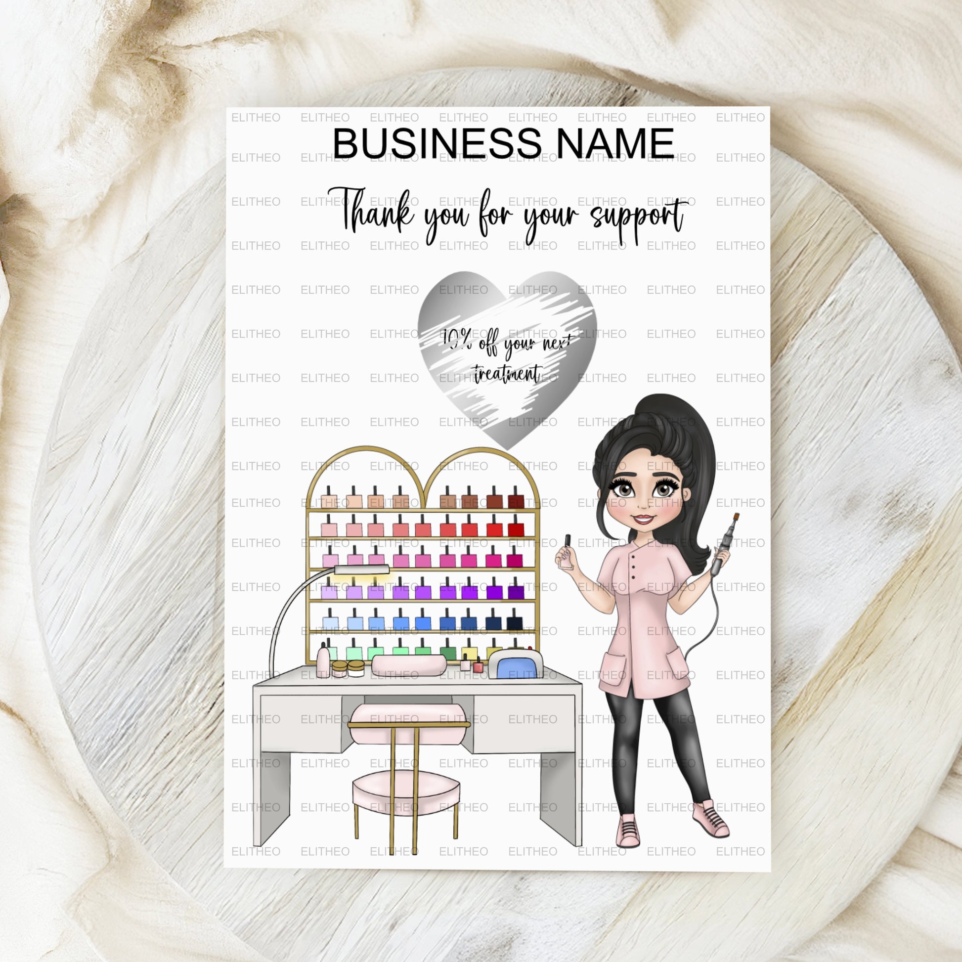 Loyalty discount card for a Nail Salon with a silver scratch off sticker featuring a nail desk, nail colour display and a nail tech