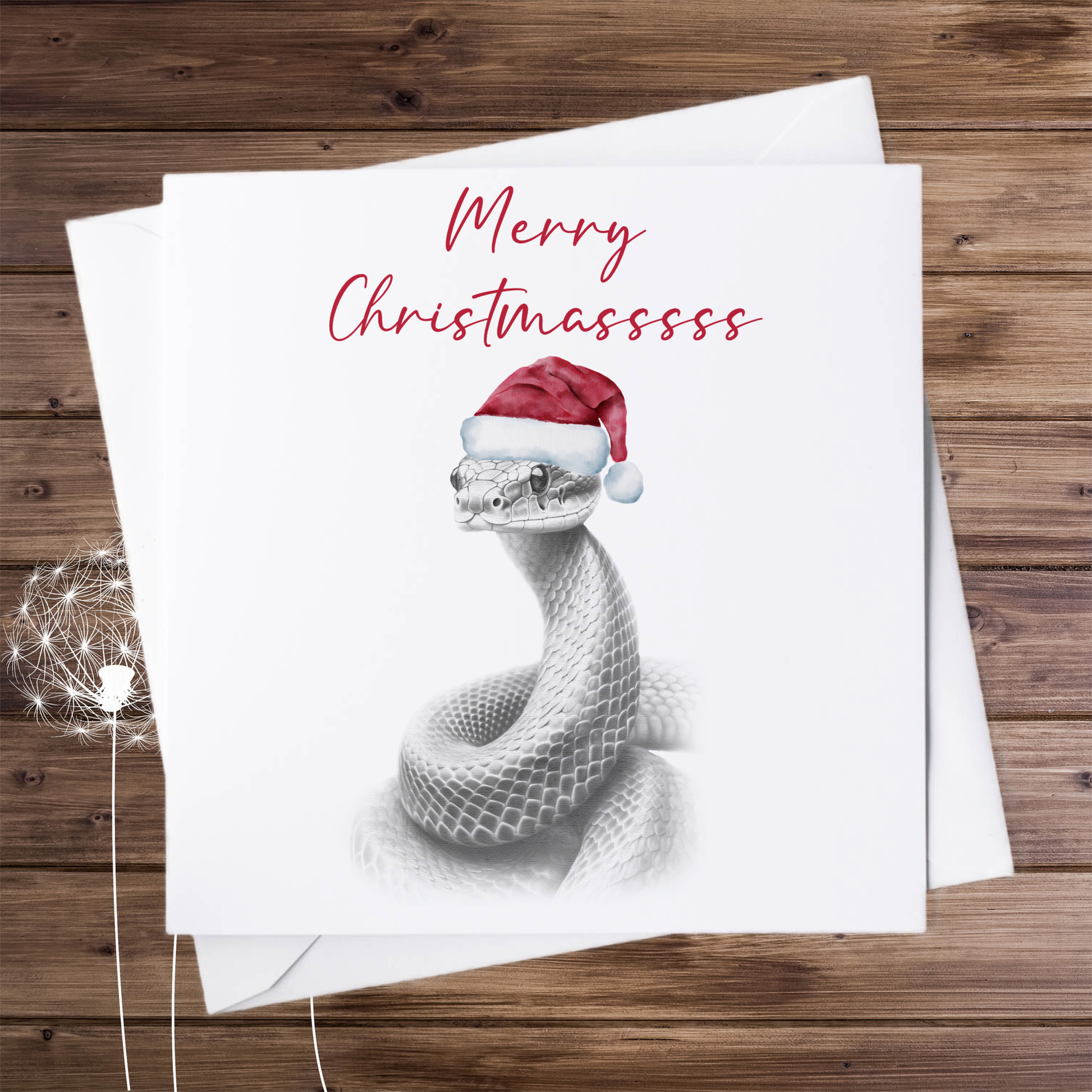 Card with the sketch of snake wearing a Christmas hat not personalised