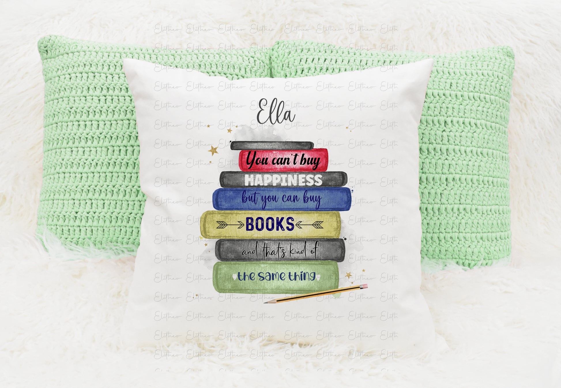Personalised book stack design cushion, colourful books with quote