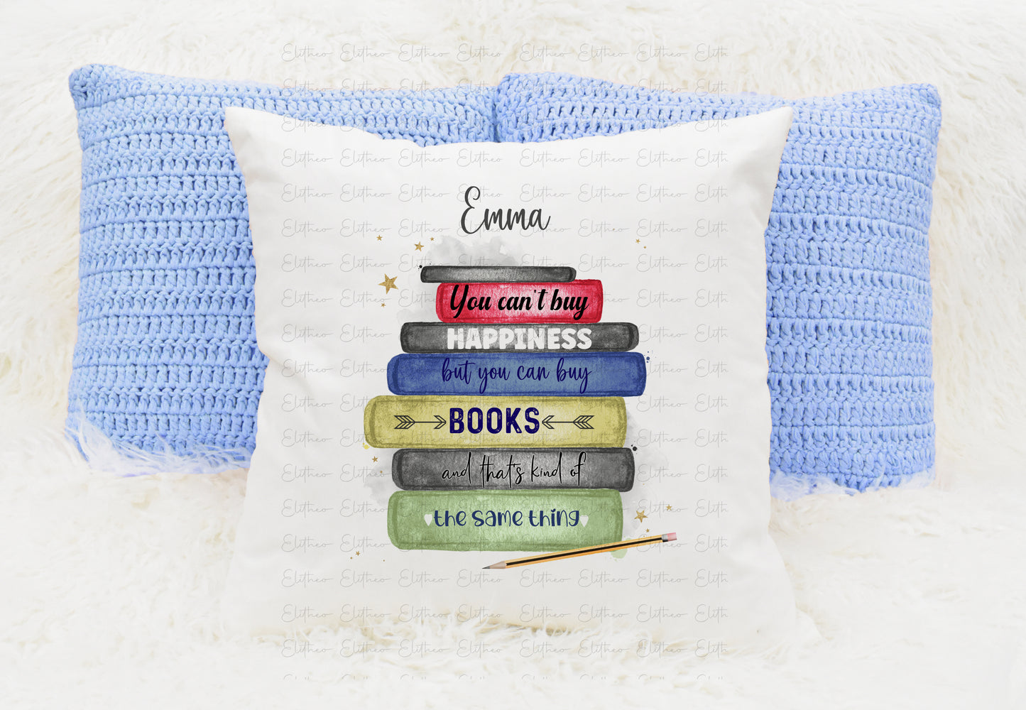 Personalised book stack design cushion, colourful books with quote