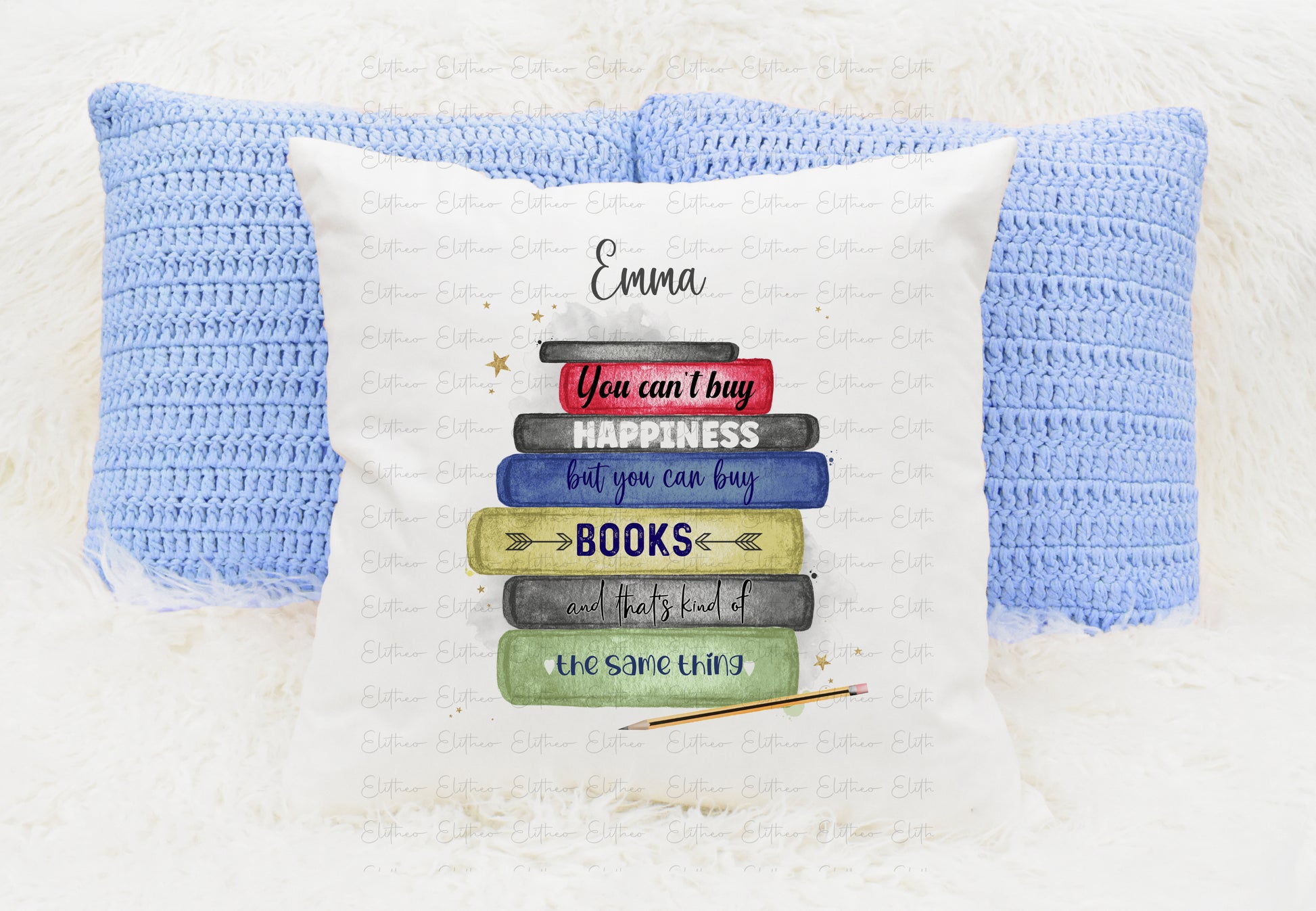 Personalised book stack design cushion, colourful books with quote