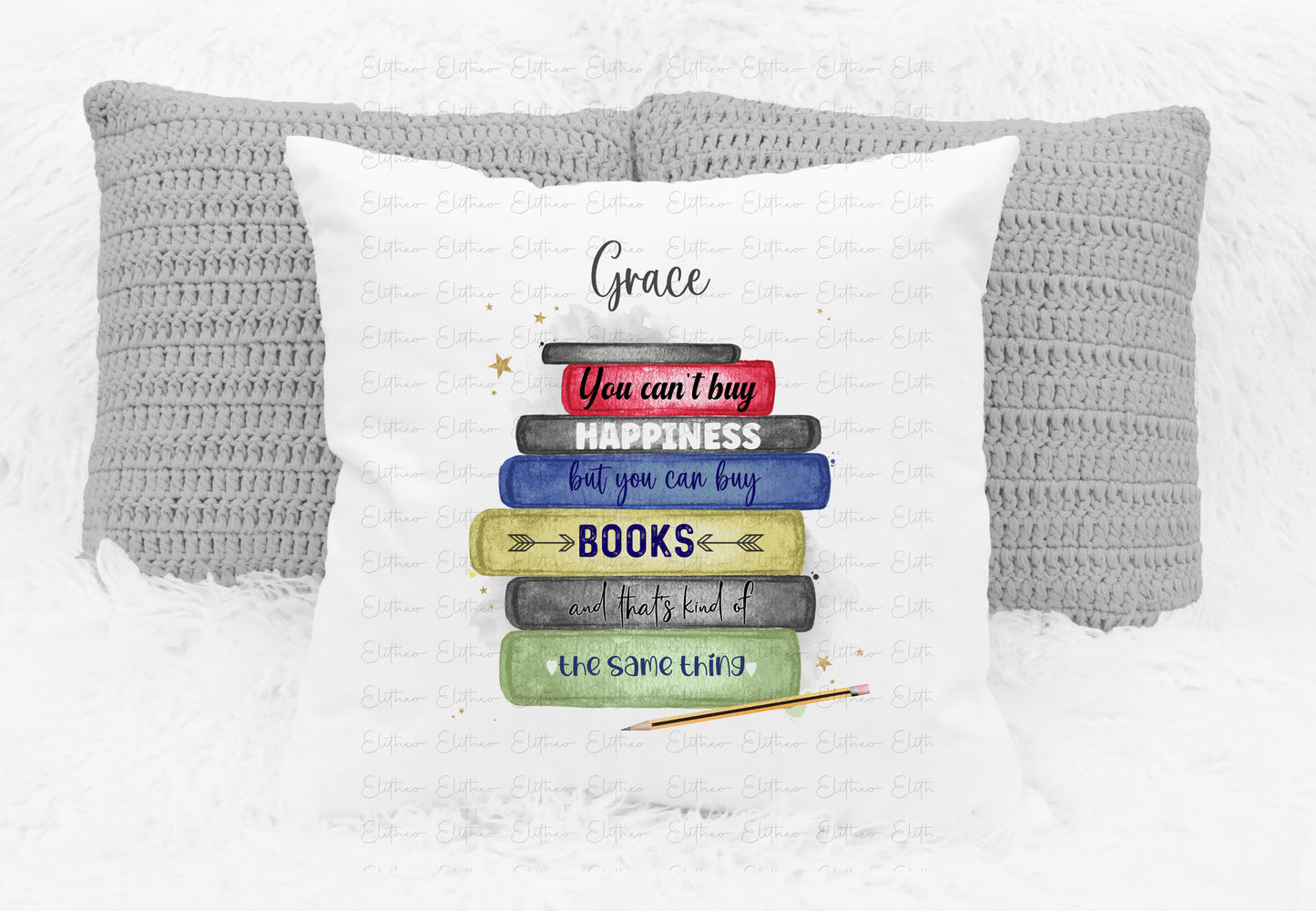Personalised book stack design cushion, colourful books with quote