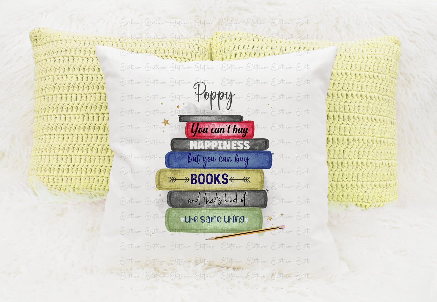Personalised book stack design cushion, colourful books with quote