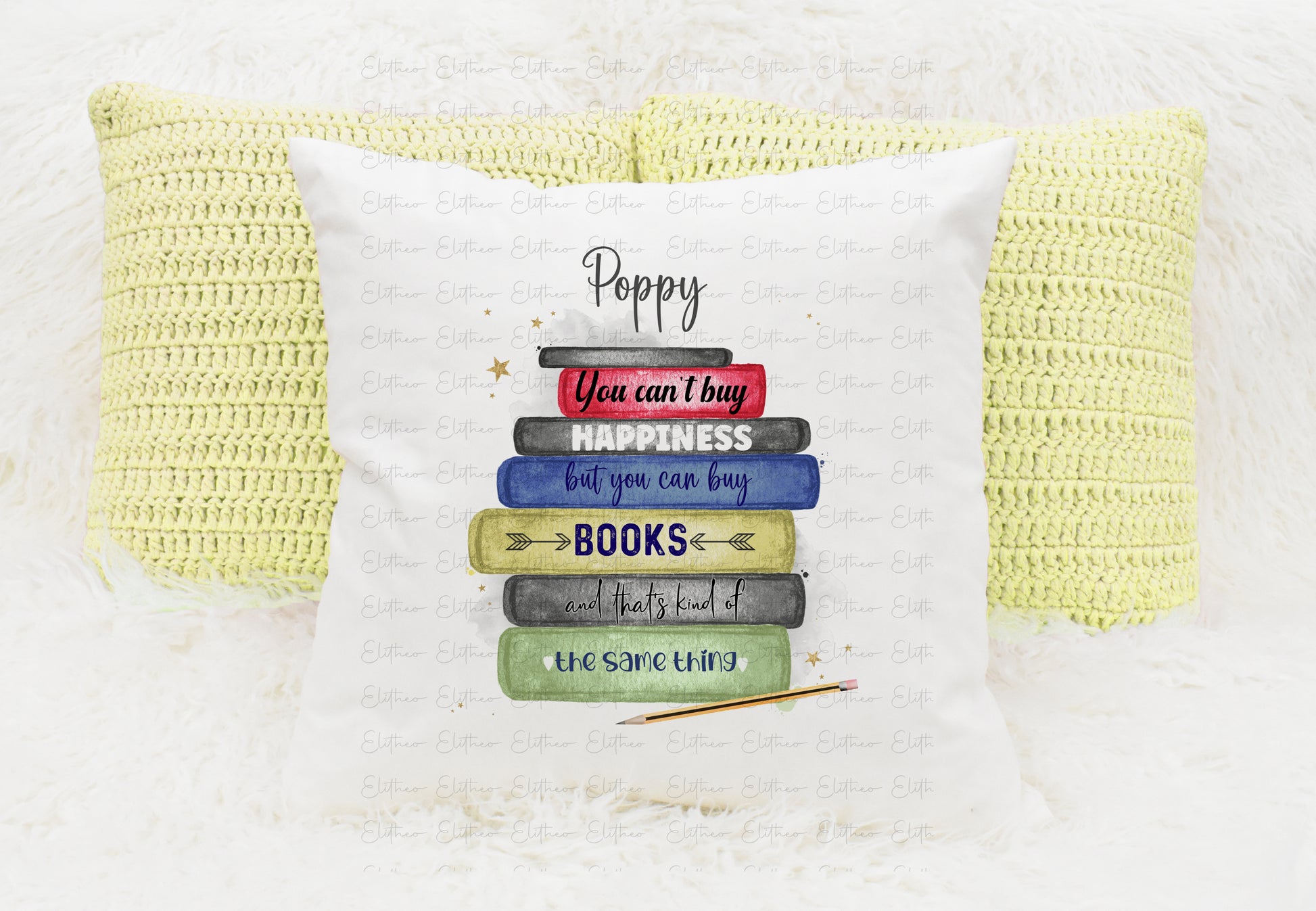 Personalised book stack design cushion, colourful books with quote