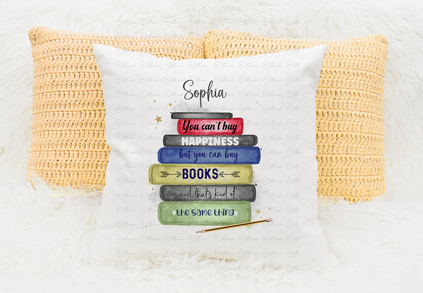 Personalised book stack design cushion, colourful books with quote