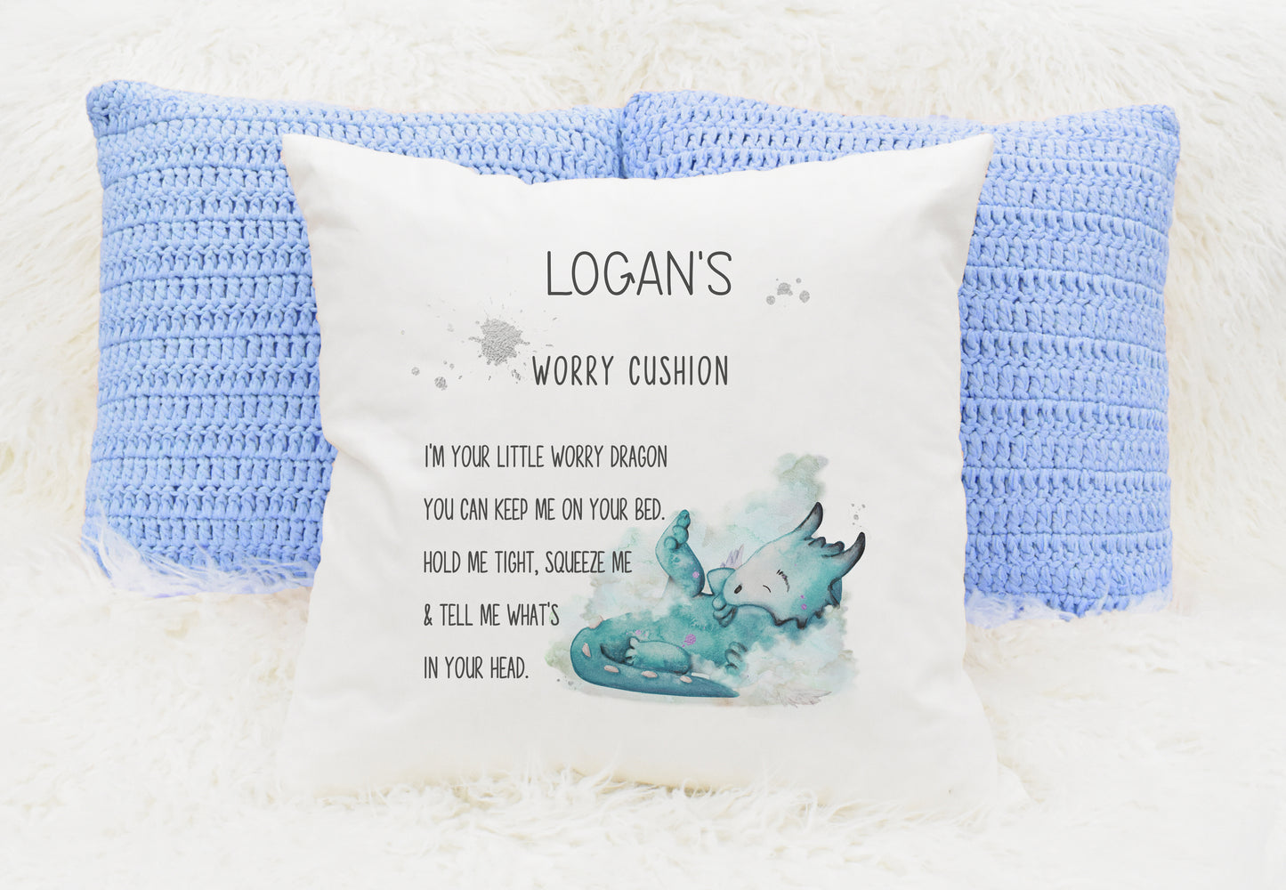 Square cushion featuring a teal coloured dragon with a worry cushion poem and can  be personalised