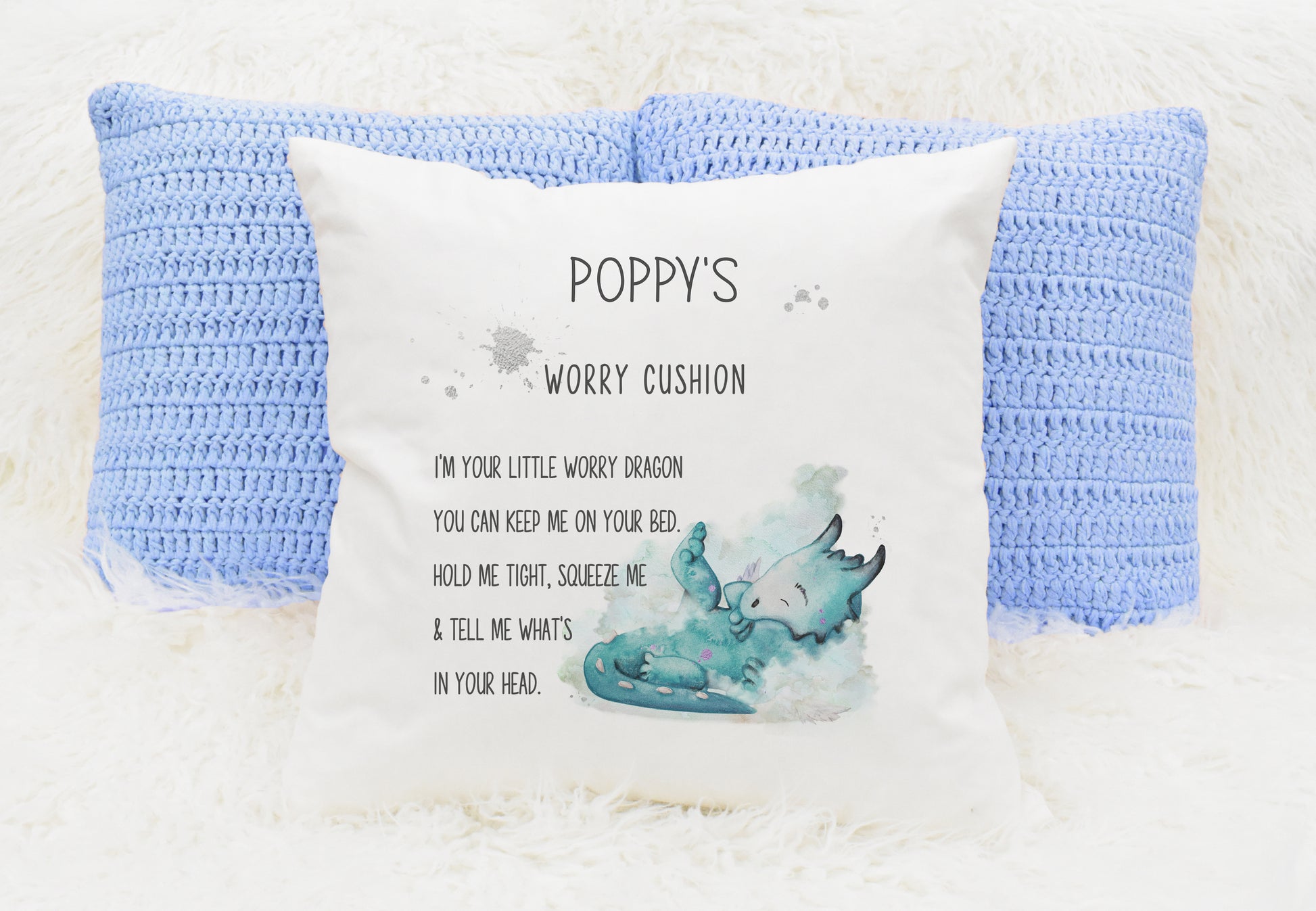 Square cushion featuring a teal coloured dragon with a worry cushion poem and can  be personalised