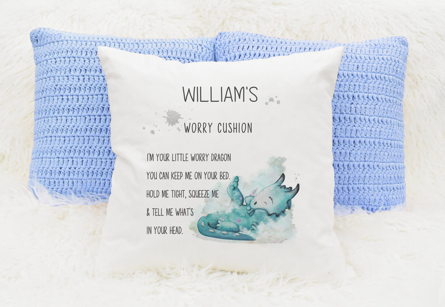 Square cushion featuring a teal coloured dragon with a worry cushion poem and can  be personalised
