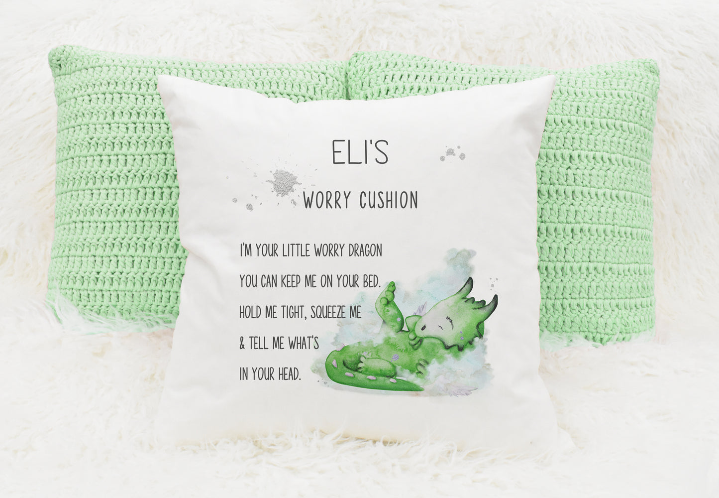 Square cushion featuring a green coloured dragon with a worry cushion poem and can  be personalised