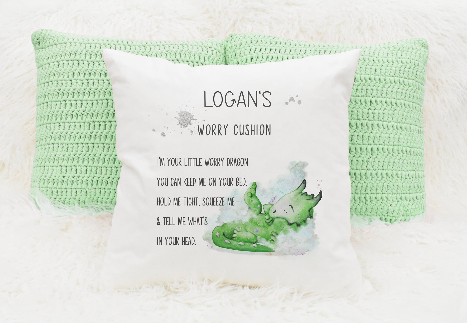 Square cushion featuring a green coloured dragon with a worry cushion poem and can  be personalised