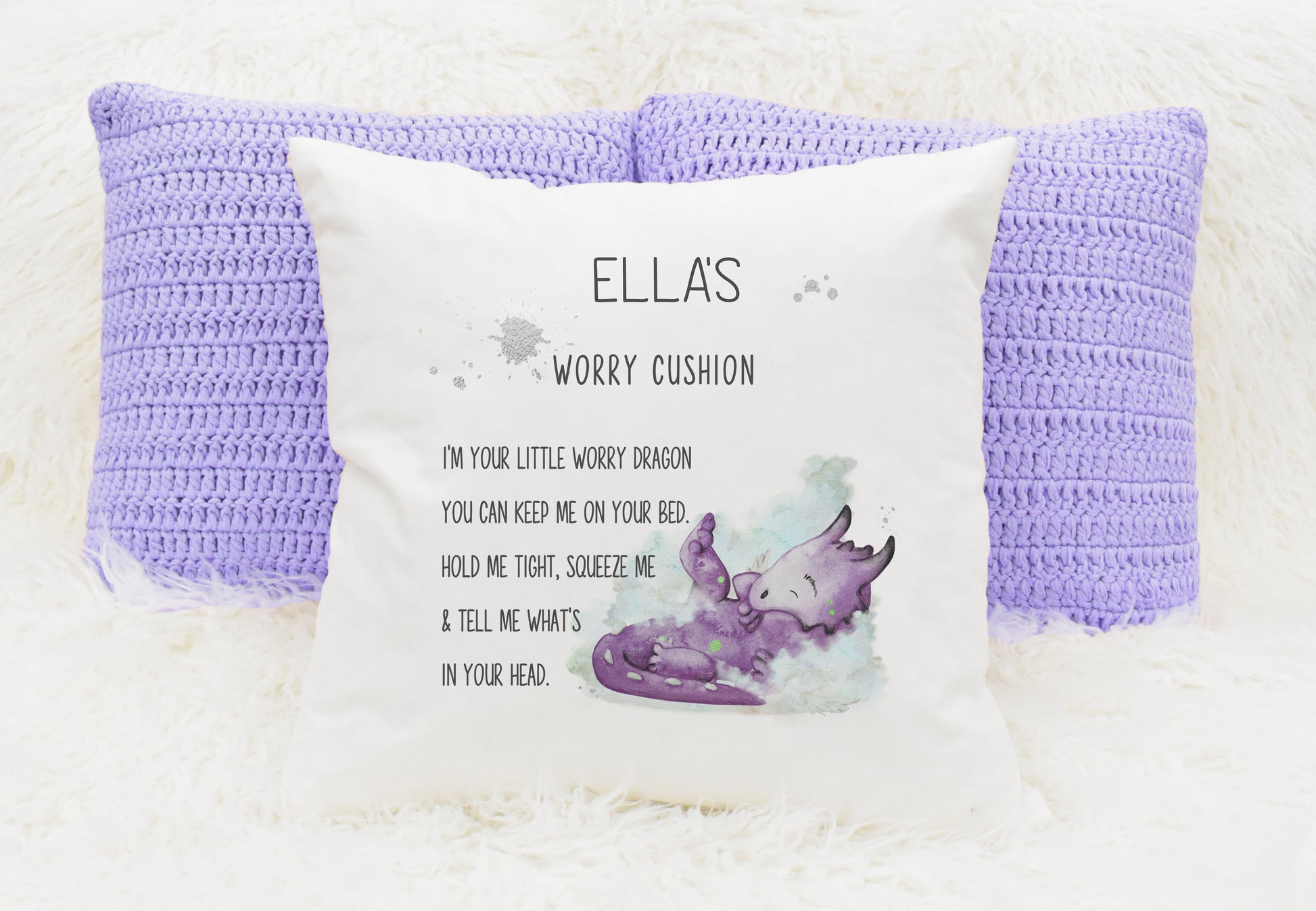 Square cushion featuring a purple coloured dragon with a worry cushion poem and can  be personalised
