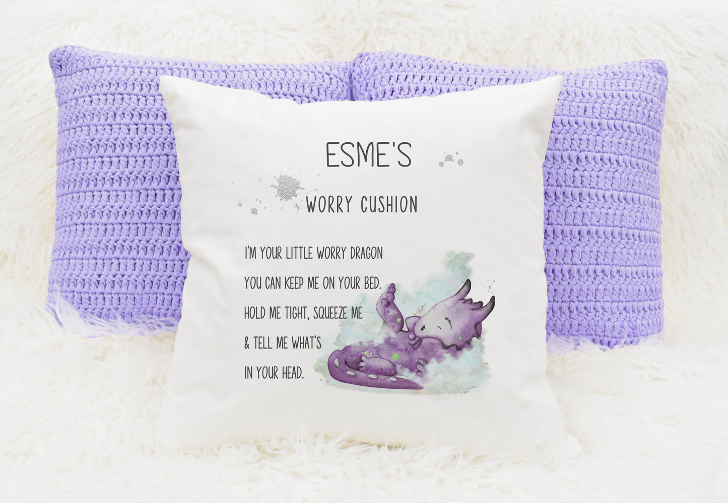 Square cushion featuring a purple coloured dragon with a worry cushion poem and can  be personalised