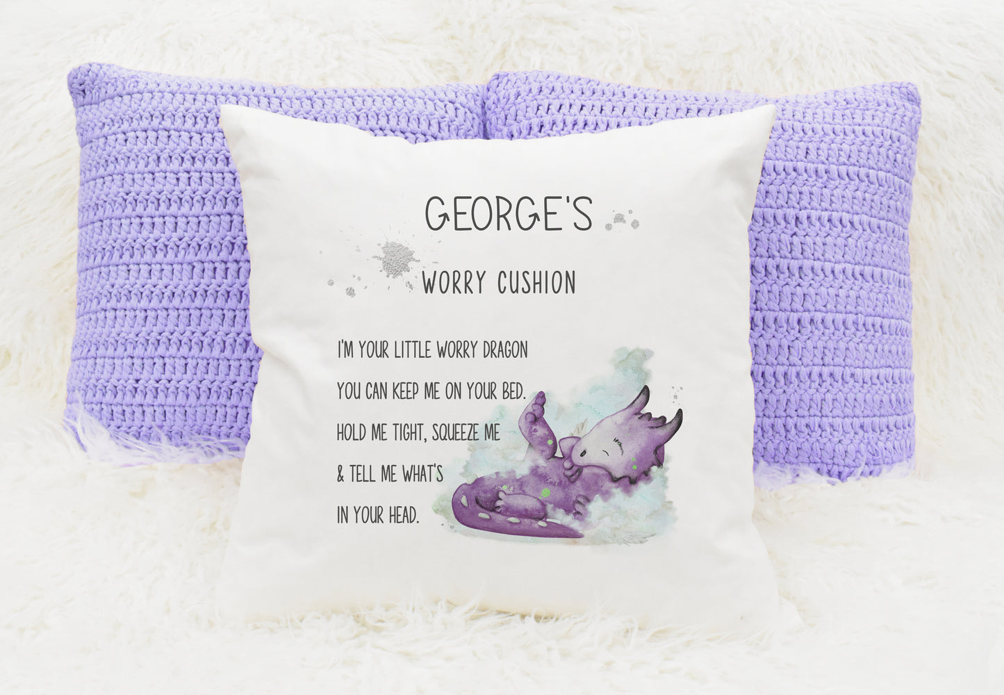 Square cushion featuring a purple coloured dragon with a worry cushion poem and can  be personalised