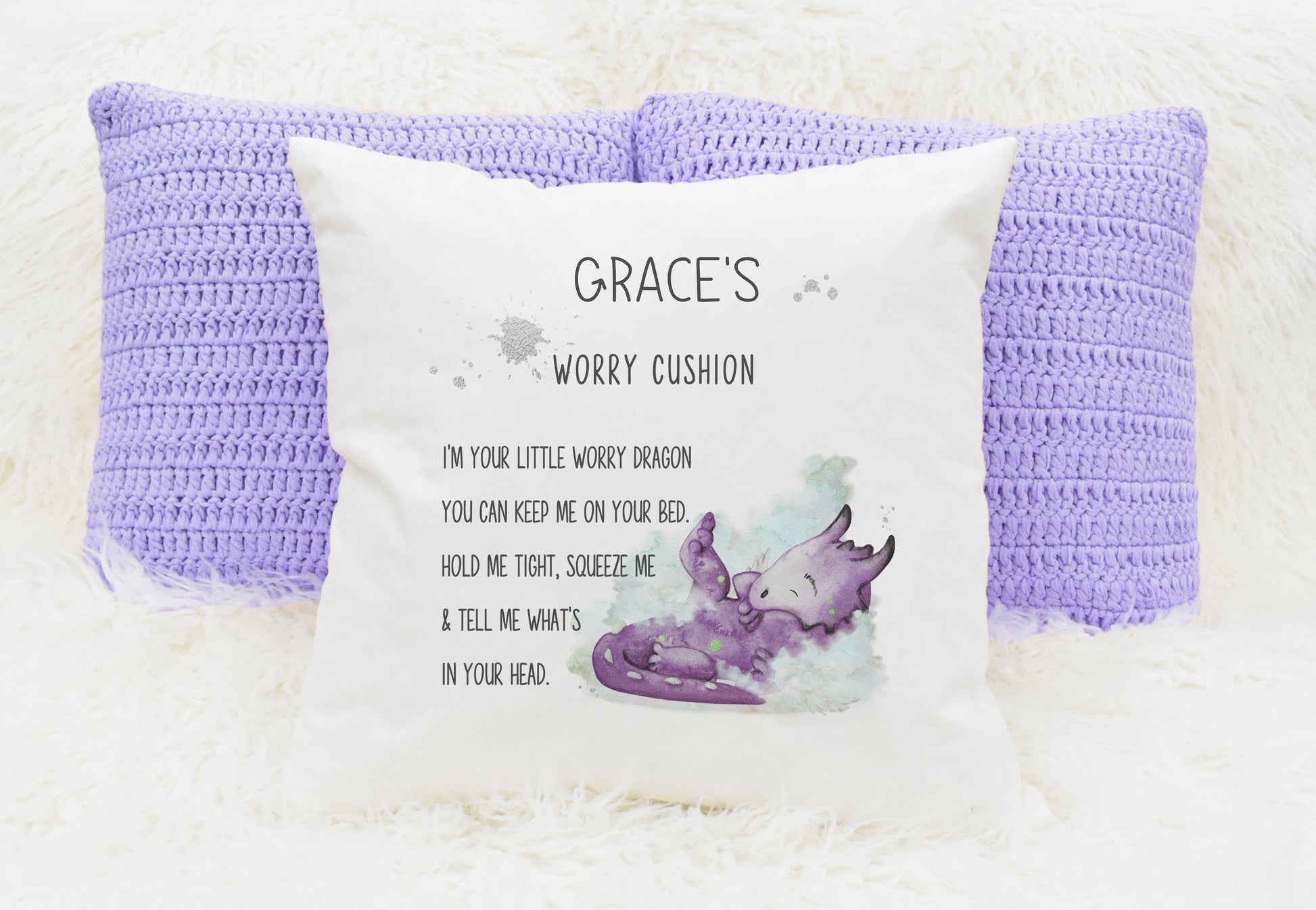 Square cushion featuring a purple coloured dragon with a worry cushion poem and can  be personalised