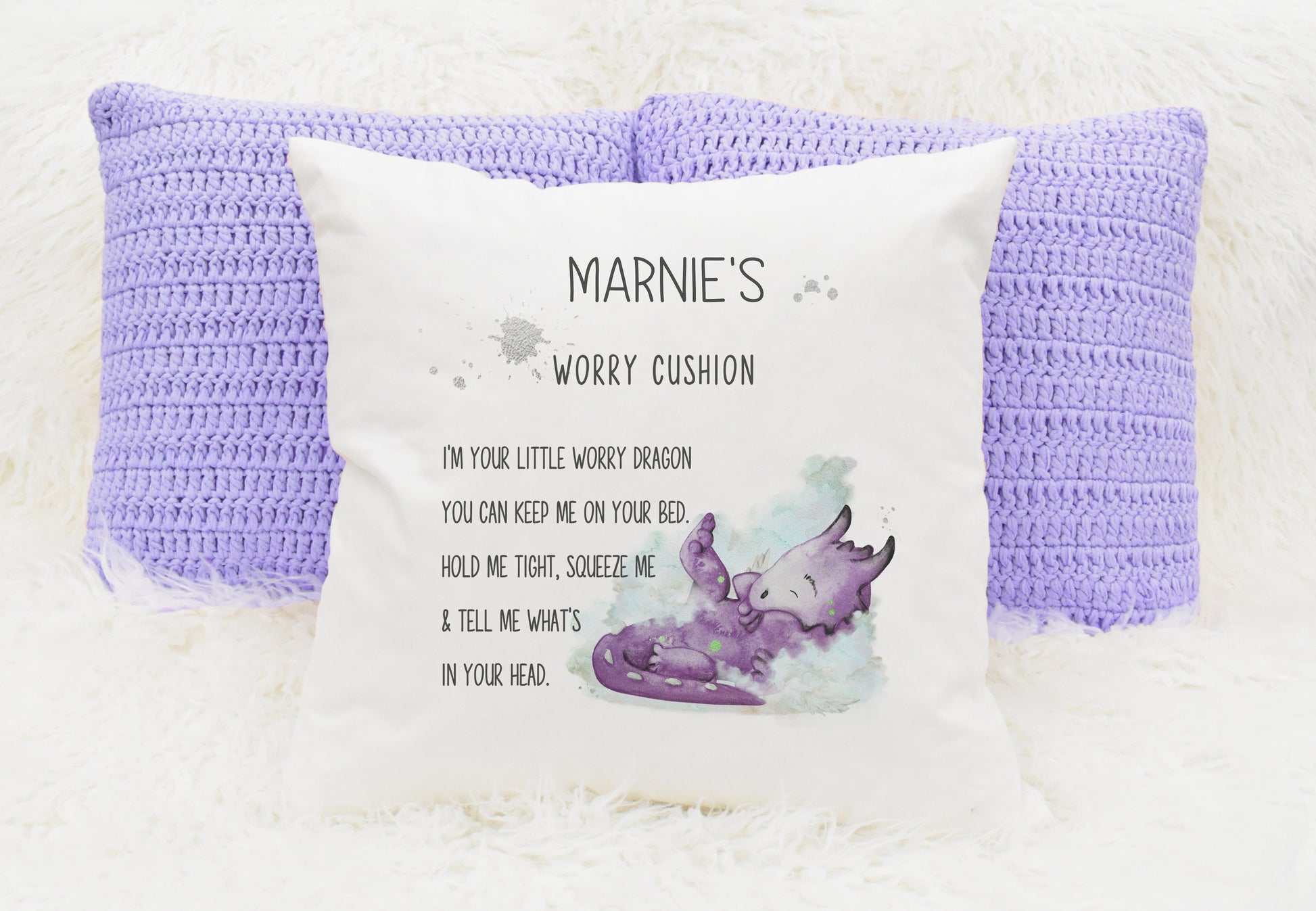 Square cushion featuring a purple coloured dragon with a worry cushion poem and can  be personalised