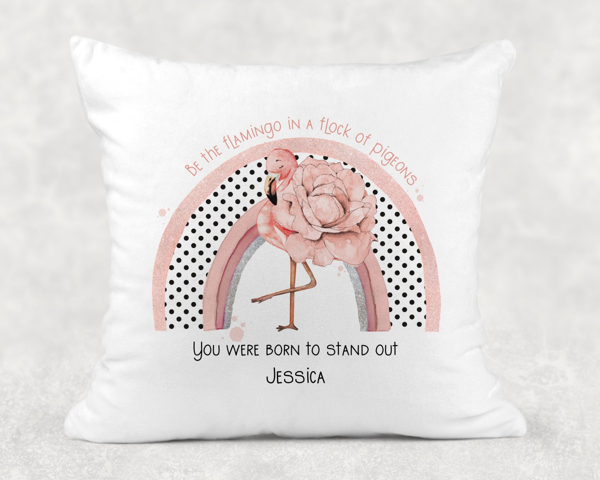 Square cushion with inner, flamingo with polka dot rainbow. 