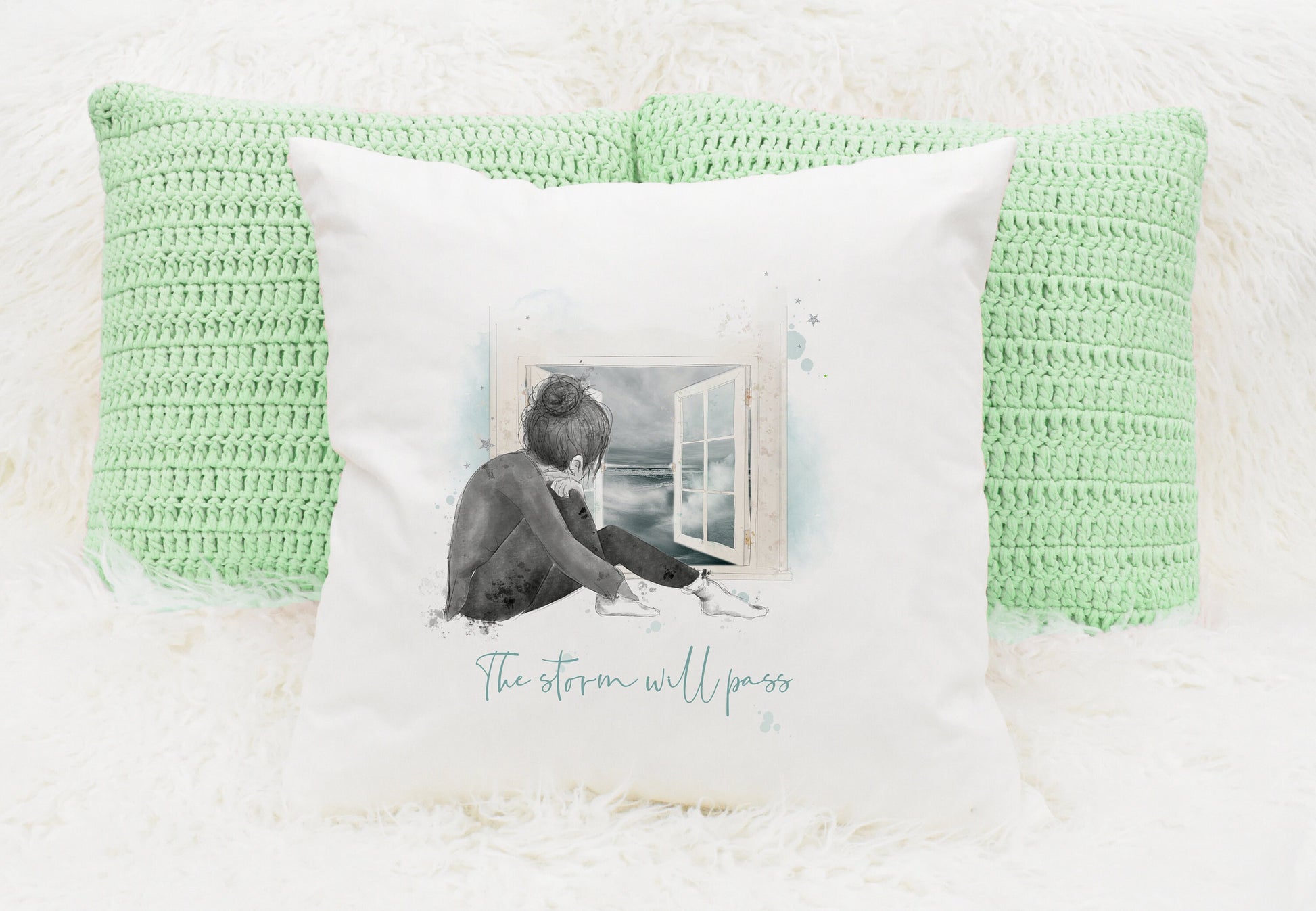 Square cushion with inner, design of a girl looking out of the window being contemplative. 