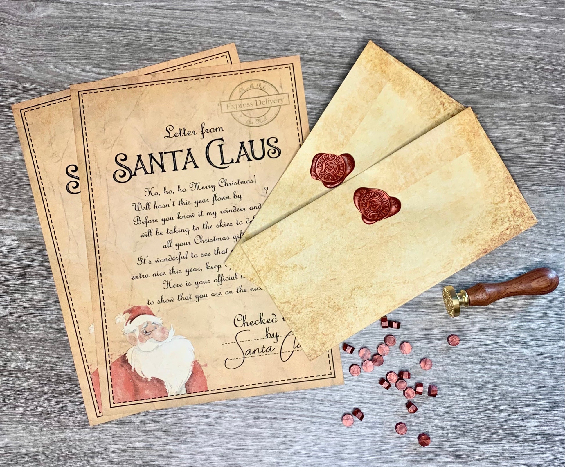Vintage look letter and nice list certificate to Father Christmas or Santa Claus with a wax seal