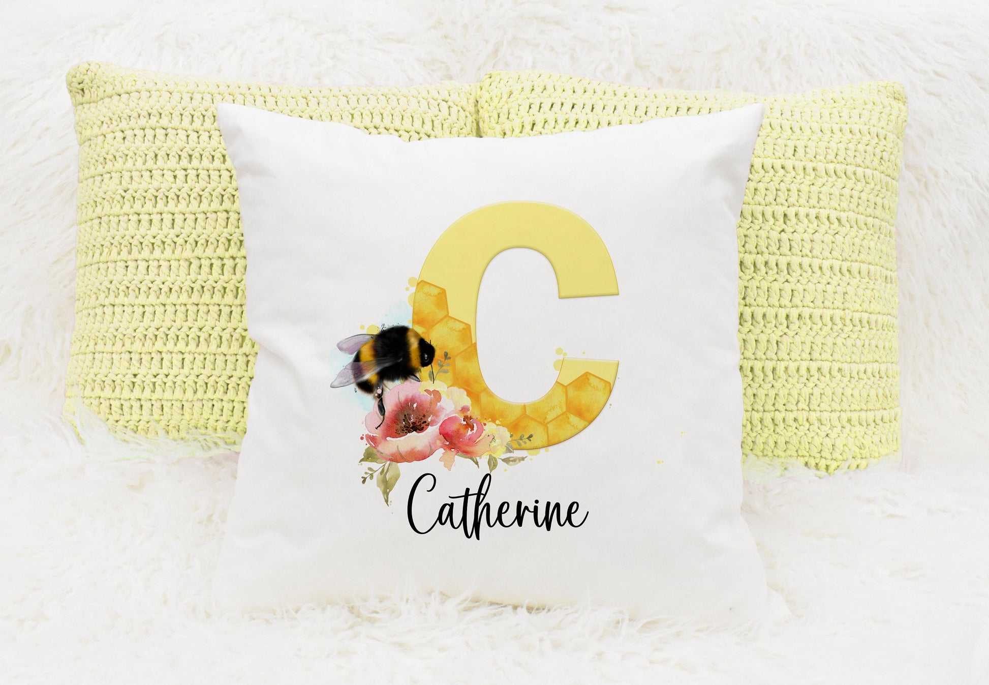 Bumble bee alphabet square cushion with inner