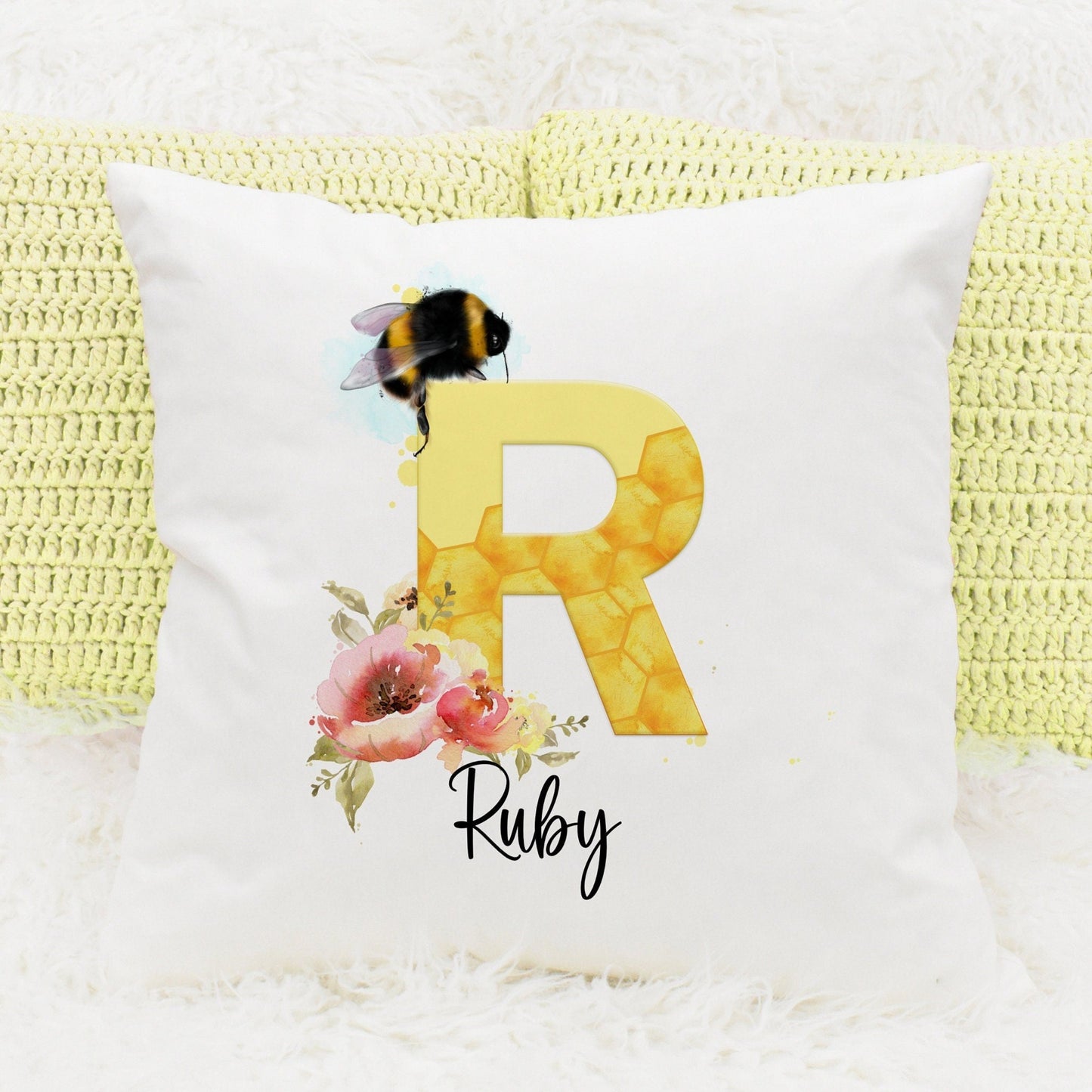 Bumble bee alphabet square cushion with inner