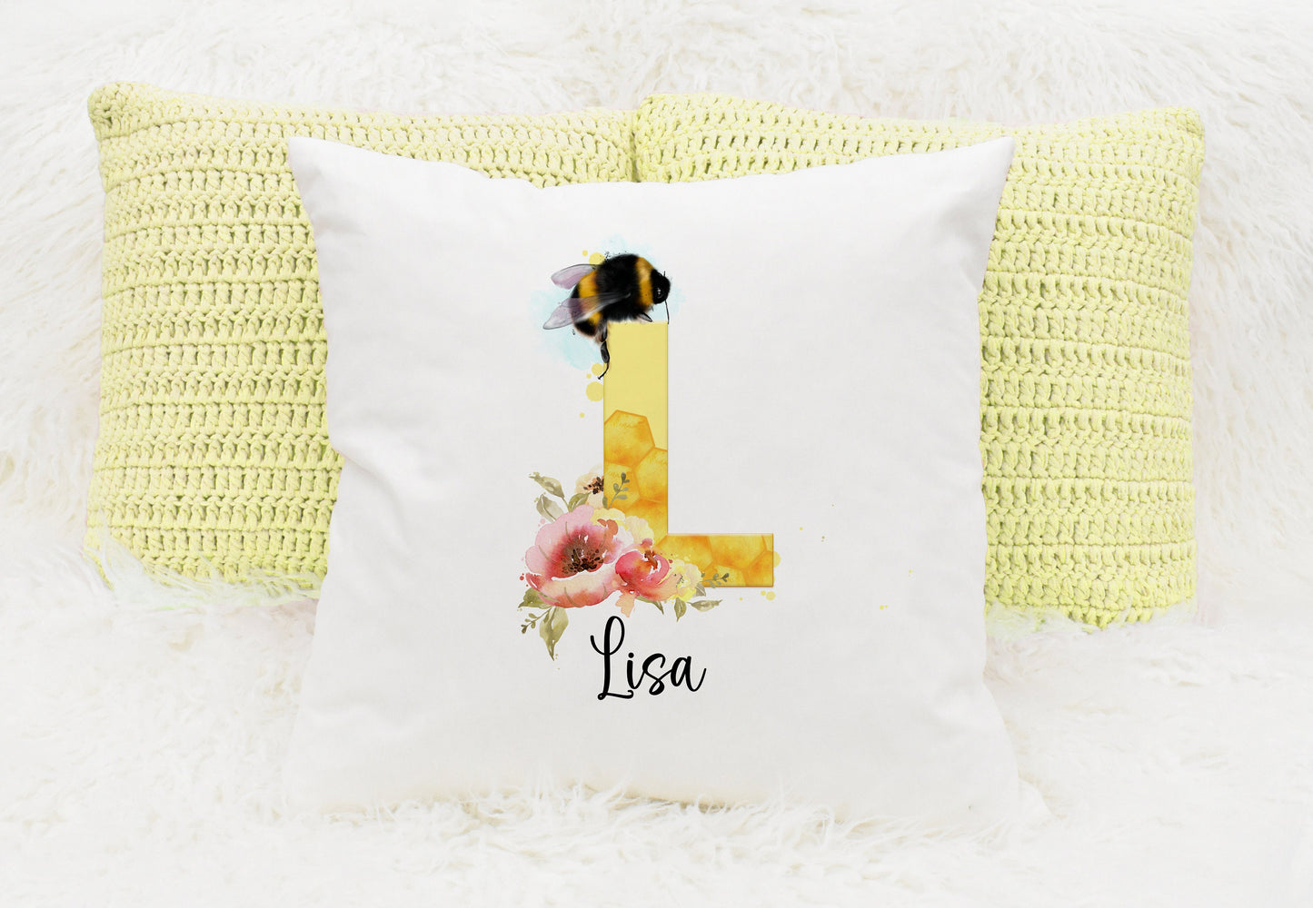 Bumble bee alphabet square cushion with inner