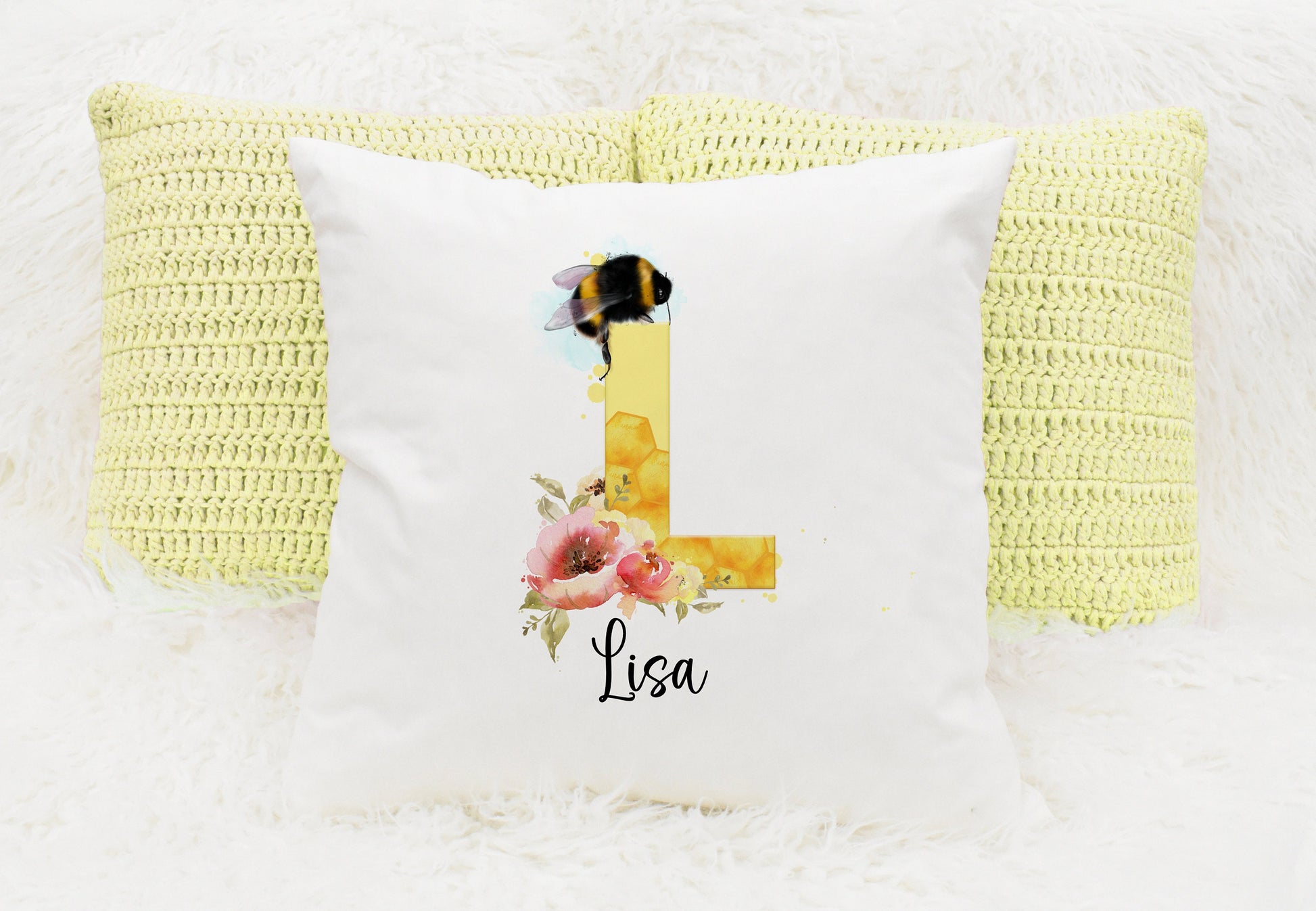 Bumble bee alphabet square cushion with inner