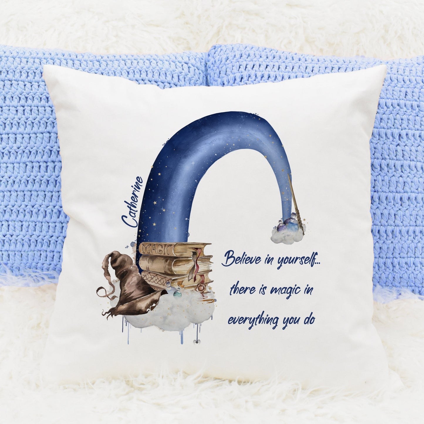 Magical rainbow personalised cushion
