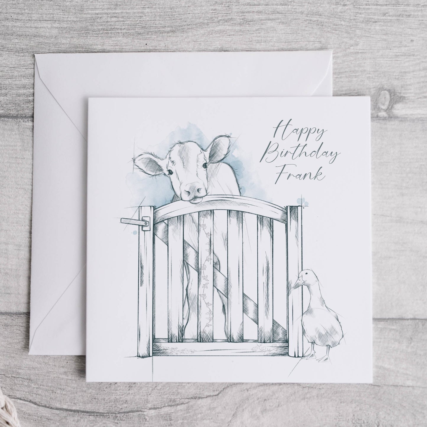 Card with sketched image of a cow and a duck, birthday card, personalised with the name Frank