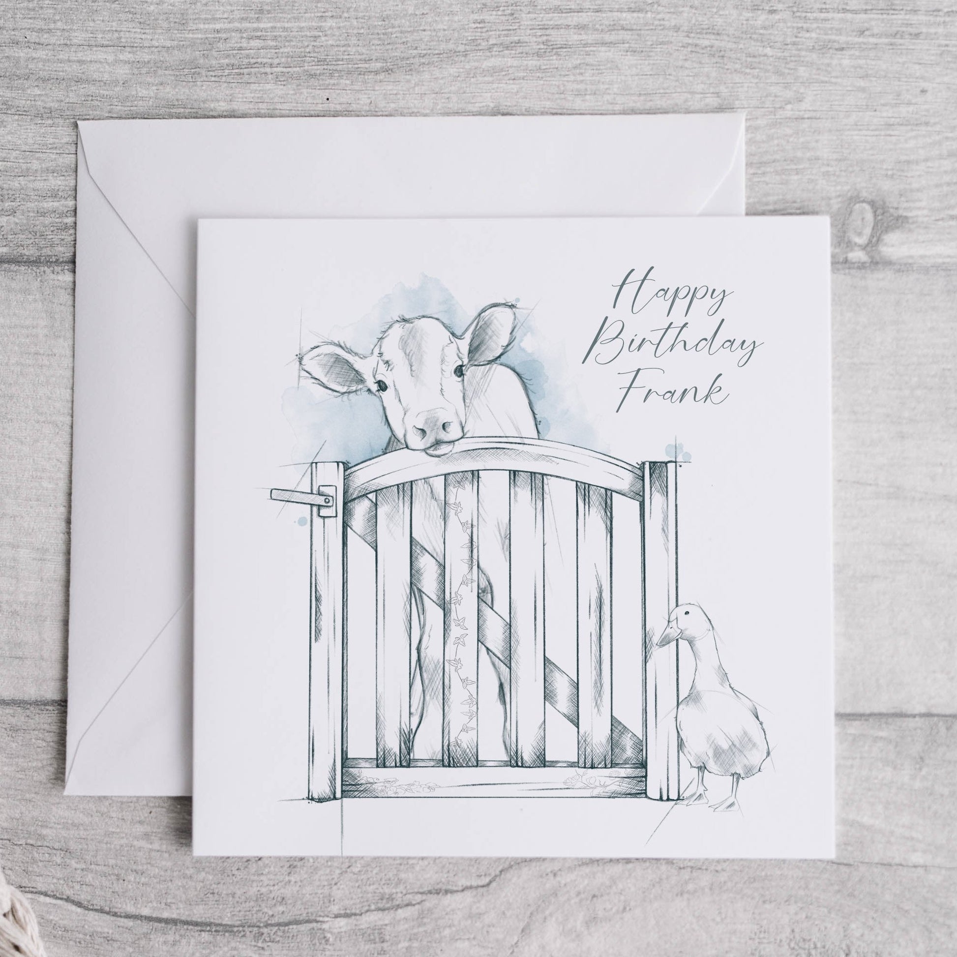 Card with sketched image of a cow and a duck, birthday card, personalised with the name Frank